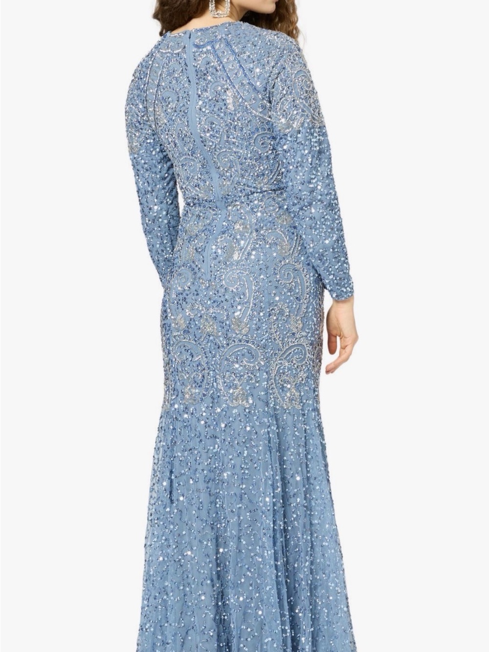 Beaded Long Sleeve Evening Gown in Dusty Blue